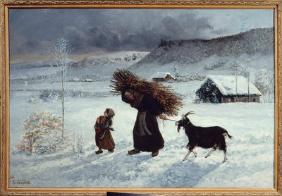Landsbyfattigdom, Ornans. En bonde og hendes datter medbringer brød, køjer af træ og en ged som vinterforsyning. Maleri af Gustave Courbet (1819-1877) 1800-tallet søn. 1,26 X 0,85 m. Privat samling af Gustave Courbet
