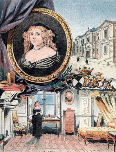 Portræt af markisen af Sevigne sammen med Chateau des Rochers og Hotel Carnavalet af Gustave Demoulin