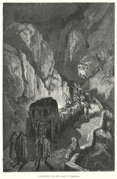 En diligence på vejen til Granada (kobberstik) af Gustave Dore