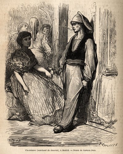 En chokoladehandler i det fri, skitse på den livlige taget i Madrid. Stik af Gustave Dore (1832-1883) til illustration af hans rejse til Spanien, med Ch. Davillier (redaktør), i 1862, udgivet i "" Le tour du monde""" 1869, redigeret af Edouard Charton, Hac af Gustave Dore