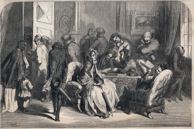 En tandlæges forkammer. Tegning af Gustave Dore (1832-1883). Stik i “Le Monde illustrious”” fra 1862. Privat samling. af Gustave Dore