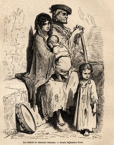 En familie af nomadedansere hviler i Sevillas gader. Skitse taget live af Gustave Dore (1832-1883). Gravering til illustration af rejsen i Spanien, i 1862 af Charles Davillier og Gustave Dore, i "Le tour du monde, nouveau journal des voyag af Gustave Dore