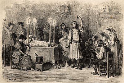 En begravelsesdans under lighuset i Jijonas (provinsen Alicante). Skitse taget live af Gustave Dore (1832-1883). Gravering til illustration af rejsen i Spanien, i 1862 af Charles Davillier og Gustave Dore, i "Le tour du monde, nouveau jour af Gustave Dore