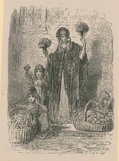 En gruppe unge kvinder sælger blomster fra kurve af Gustave Dore