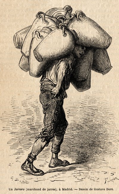 En krukkehandler, skitse på den livlige taget i Madrid. Stik af Gustave Dore (1832-1883) til illustration af hans rejse til Spanien, med Ch. Davillier (redaktør), i 1862, udgivet i "" Le tour du monde""" 1869, redigeret af Edouard Charton, Hachette-udgaven af Gustave Dore