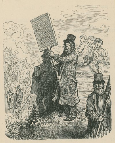 En mand med et plakat ved en protest af Gustave Dore