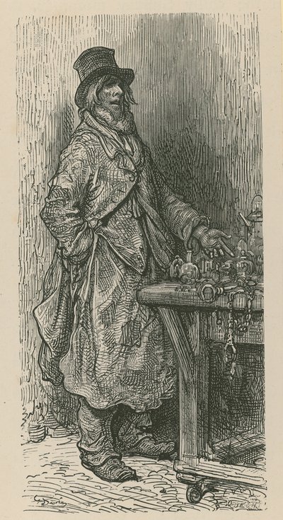 En mand står og sælger sine varer fra en markedsbod af Gustave Dore