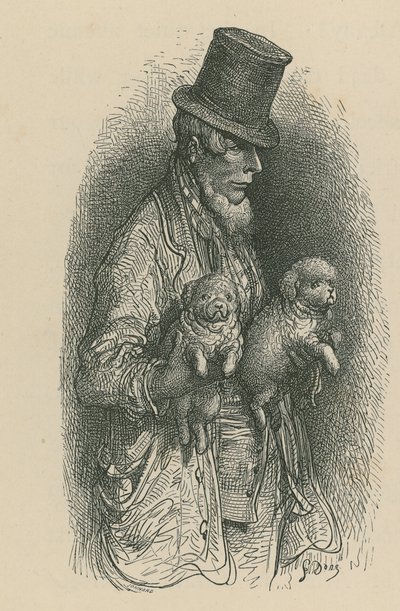 En mand iført høj hat, mens han holder to hunde i hænderne af Gustave Dore