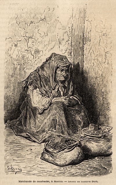 En jordnøddehandler, skitser på live i puerta del sol i Madrid. Stik af Gustave Dore (1832-1883) til illustration af hans rejse til Spanien, med Ch. Davillier (redaktør), i 1862, udgivet i "" Le tour du monde""" 1869, redigeret af Edouard Charton, Hachet af Gustave Dore