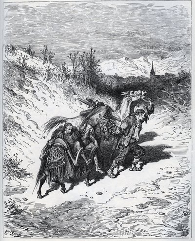 En pløjer bringer Don Quixote og Rossinante tilbage til landsbyen - fra "Don Quixote de la Mancha"" af Miguel Cervantes af Gustave Dore