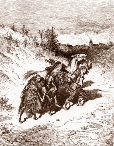 En plovmand fra sin egen landsby bringer Quixote hjem. Gravering af Gustave Dore (1832-1883) til "L
