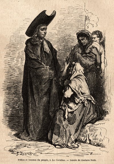 En præst og en kvinde af folket, klædt i klude; de professionelle spanske tiggere slog sig ned på kirkernes domstole for at udnytte den kristne næstekærlighed dygtigt. Skitse taget live af Gustave Dore (1832-1883). Gravering til illustration af rejsen af Gustave Dore