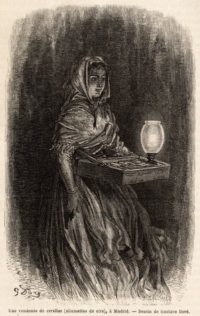 En sælger af vokstændstikker, skitser på live i puerta del sol i Madrid. Stik af Gustave Dore (1832-1883) til illustration af hans rejse til Spanien, med Ch. Davillier (redaktør), i 1862, udgivet i "" Le tour du monde""" 1869, redigeret af Edouard Charton, af Gustave Dore