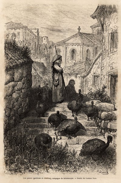 En kalkunpasser, i gaderne i en landsby på landet i Salamanca. Tegning af Gustave Dore (1832-1883). Gravering til illustration af rejsen i Spanien, af Charles Davillier, i 1862, udgivet i "" Le tour du monde""" 1872, redigeret af Edouard Chart af Gustave Dore