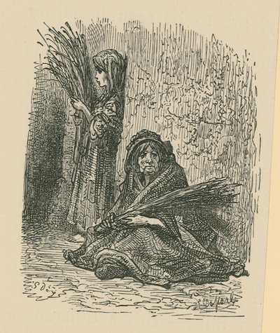En kvinde og en ung pige, der sælger tørre blomster af Gustave Dore