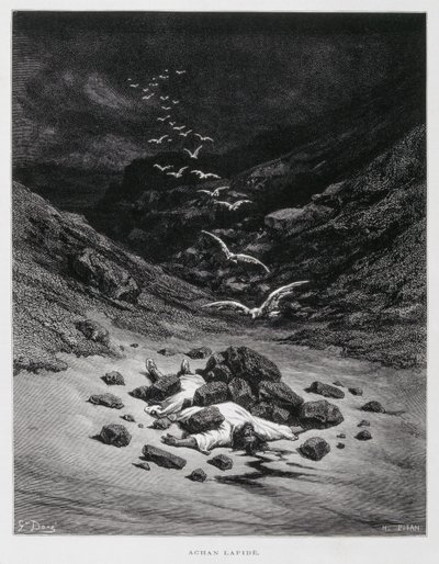 Akan stenes til døde (Josh. 7:1,10-26), Illustration fra Dore Bible af Gustave Dore