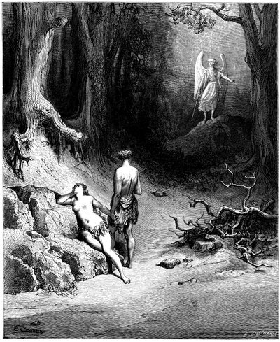 Adam og Eva jages ud af Paradiset. Illustration af Gustave Dore til "Paradise Lost" af John Milton (1608-1674). Gravering fra 1866. Privat samling af Gustave Dore