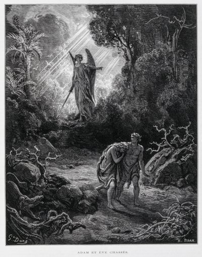 Adam og Eva forvist fra Edens Have af en engel, Illustration fra Dore-bibelen af Gustave Dore