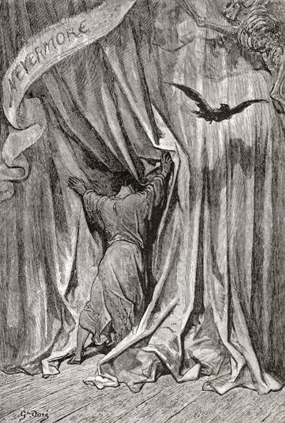 Efter en tegning af Gustave Dore til Edgar Allan Poes digt The Raven. Fra Life and Reminiscences of Gustave Dore, udgivet i 1885. af Gustave Dore