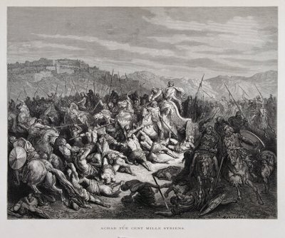 Ahab kæmper mod assyrerne i slaget ved Qarqar , Illustration fra Dore-bibelen af Gustave Dore