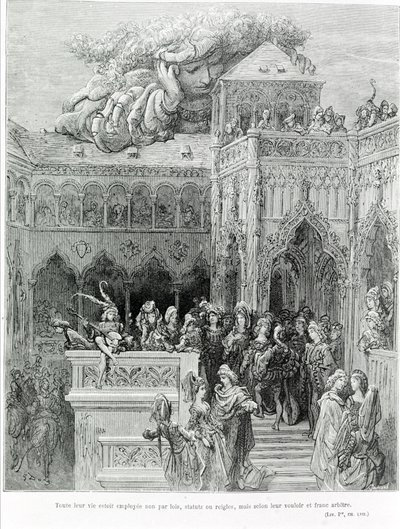 Hele deres liv blev ikke beskæftiget af love, vedtægter eller regler, men efter deres vilje og ærlige vilje, efter Gargantua (1534) af François Rabelais (1483 - 1553). Graveret af Gustave Dore (1832-1883). af Gustave Dore