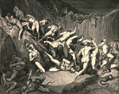 Midt i denne frygtelige overflod af ve løb nøgne ånder bevinget af rædselsfuld frygt, c1890. af Gustave Dore