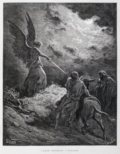 En engel mødte Bileam med et sværd, illustration fra Dore-bibelen af Gustave Dore