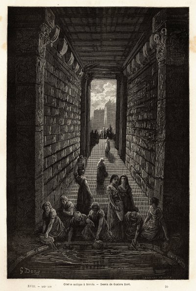 En antik cisterne, stadig i brug, i Merida. Gravering til illustration af rejsen til Spanien af Gustave Dore (1832-1883) illustrator og baron Ch. Davillier reaktor, i 1862, offentliggjort i "Le tour du monde, nouveau journal des voyages", under ledelse af af Gustave Dore