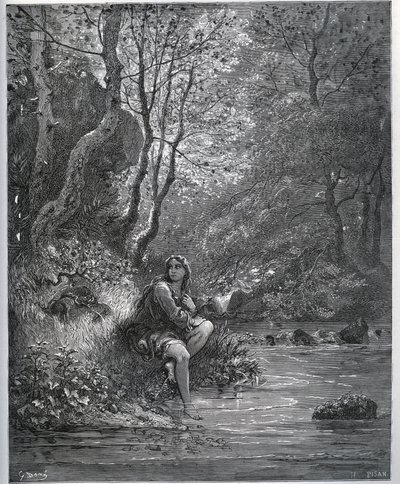 Dorothees optræden i bondetøj - fra "" Don Quixote de la Mancha"" af Miguel Cervantes (1547-1616) (Don Quixote) - Træsnit efter tegning af Gustave Dore af Gustave Dore