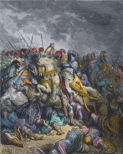 Slaget ved Arsur - Richard I Løvehjerte (1157-1199), konge af England, der deltager i det 3. korstog - Richard Løvehjerte i slaget ved Arsuf (1191), Tredje korstog, gravering af Gustave Dore - fra History of the Crusades af Joseph -Francois Michaud af Gustave Dore