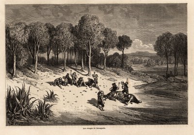 Battle of Oranges af Carcagente, tegning af Gustave Dore (1832-1883), for at illustrere hans rejse til Spanien med C.Davillier, i 1862. Indgravering i "" Le tour du monde"", redigeret af Edouard Charton af Gustave Dore