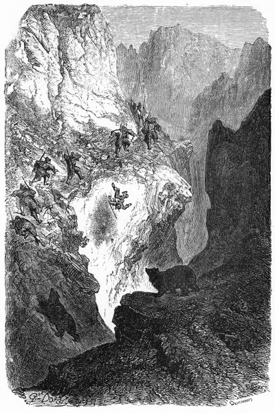 Bjørnejagt i Pyrenæerne: en mand falder ned fra bjerget. Graveret af Gustave Dore som illustration til bogen "Journey to the Pyrenees" af Hippolyte Taine, Hachette 1860. af Gustave Dore