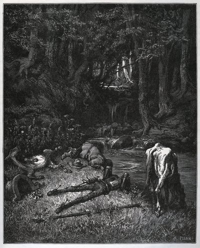 Bivuak i skoven - Oplevet af stedets skønhed besluttede de at tilbringe timerne med lur der - fra "" Don Quixote de la Mancha"" af Miguel Cervantes (1547-1616) (Don Quixote) - Træsnit efter tegning af Gustave Dore af Gustave Dore