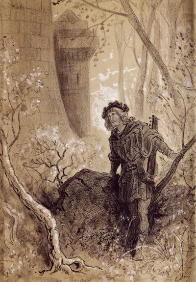 Blondel, der hører Richard Løvehjertes stemme, illustration til Gargantua og Pantagruel af Francois Rabelais (1483-1494 - 1553), gravering af Gustave Dore (1832-1883) af Gustave Dore