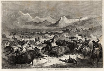 Bøffeljagt blandt Delawares, indianere, der bor ved bredden af floden af samme navn, tegning af Gustave dore (1832-1883), for at illustrere Mississippis rejse til Stillehavet i 1853-54 af Baudouin Mollhausen (1825- 1905). Engravi af Gustave Dore