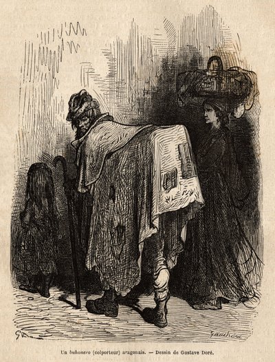 Buhonero, aragonisk kræmmer. Tegning af Gustave Dore (1832-1883). Gravering til illustration af rejsen i Spanien, af Charles Davillier, i 1862, udgivet i "" Le tour du monde""" 1872, redigeret af Edouard Charton, Hachette-udgaven, Paris. Selva samling. af Gustave Dore