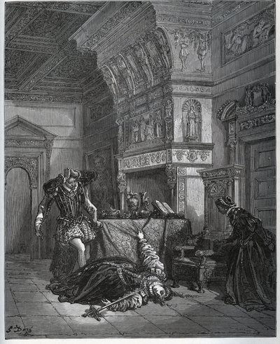 Camille finter selvmord foran Lothaire og Leonella - fra "Don Quixote de la Mancha" af Miguel Cervantes (1547-1616) (Don Quixote) - Træsnit efter tegning af Gustave Dore af Gustave Dore
