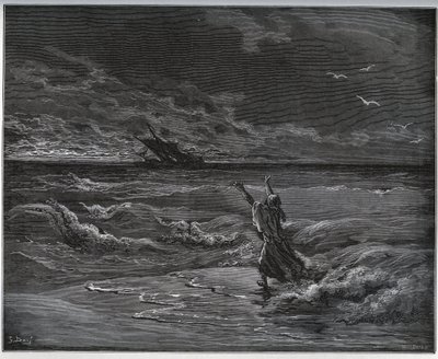 Fangehistorie. Aagi-Morato, Zoraides far, barker på kysten fra "Don Quixote de la Mancha"" af Miguel Cervantes (1547-1616) (Don Quixote) - Træsnit efter tegning af Gustave Dore af Gustave Dore