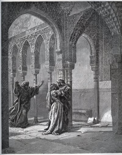 Fangehistorie. Fangens første møde med Zoraide i hendes fars have - fra "Don Quixote de la Mancha"" af Miguel Cervantes (1547-1616) (Don Quixote) - Træsnit efter tegning af Gustave Dore af Gustave Dore