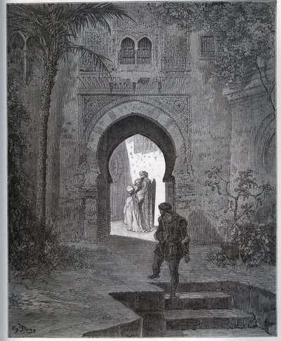 Fangenskabshistorie. Fangens første møde med Zoraide i faderens have, som bringer hende tilbage efter sin utilpashedsfinte fra "Don Quixote de la Mancha" af Miguel Cervantes af Gustave Dore