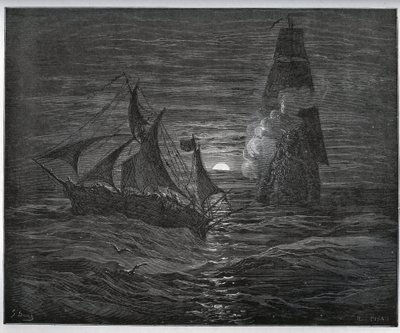 Fangehistorie. Den spanske flugtbåd bliver angrebet af et fransk skib fra "" Don Quixote de la Mancha"" af Miguel Cervantes (1547-1616) (Don Quixote) - Træsnit efter tegning af Gustave Dore af Gustave Dore