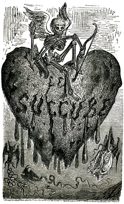 Kapitelhovedillustration af Gustave Dore til Drolatiske fortællinger (1855) af Honore de Balzac (1799-1850): Succubussen (vampyren) - skelet, død, hjerte, blod... af Gustave Dore