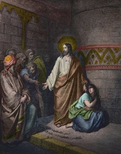 "" Kristus og den utro kvinde"" Illustration af Gustave Dore (1832-1883) - Jesus og kvinden taget i utroskab - gravering af Gustave Dore - senere farvelægning af Gustave Dore
