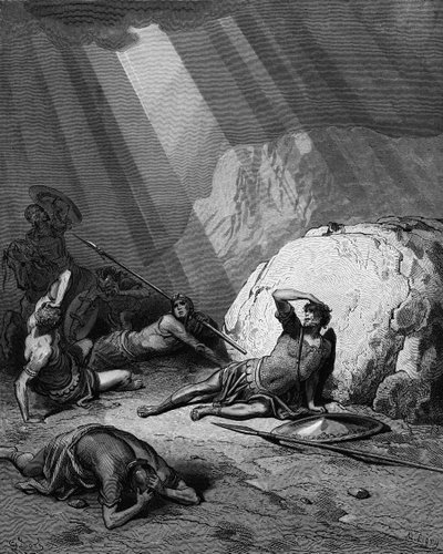 Pyhän Paavalin kääntymys Damaskoksen tiellä. Apostolien teot 9. Gustave Doren Raamatusta 1865-1866. Puunkaiverrus. Jumalan voima on kuvattu valon varrena. af Gustave Dore