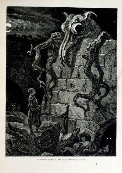 Croque-Mitaine; 1863 illustration, af Gustave Dore (1832 1883); Fransk kunstner, grafiker, illustrator. Croque-Mitaine (The bogeyman) en ondsindet karakter præsenteret for børn for at skræmme dem og dermed gøre dem klogere. af Gustave Dore