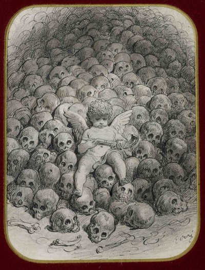 ""Amor bevæbnet med en pistol siddende på et bjerg af kranier"" (Amor med en pistol på toppen af ​​et kraniebjerg) Blæk og tegning af Gustave Dore (1832-1883) Privat samling af Gustave Dore