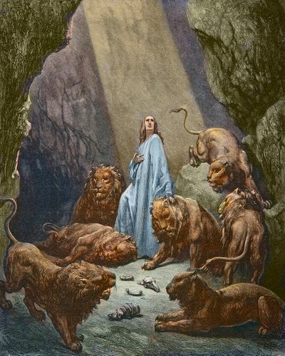 Daniel bliver smidt i Løvehulen - Daniel i Løvernes Hule - gravering af Gustave Dore - senere farvelægning af Gustave Dore