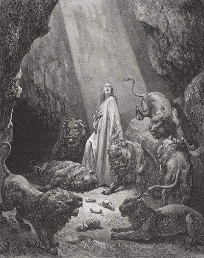 Daniel i Løvehulen, Daniel 6:16-17, illustration fra Dores 