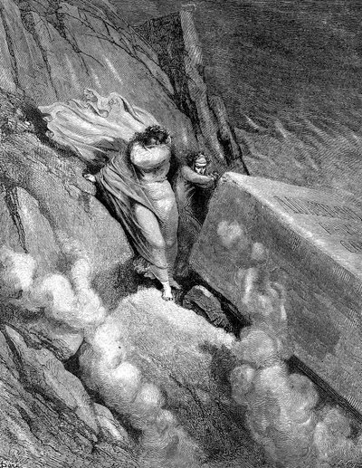 Dante og Virgil ved kanten af afgrunden, hvorfra en fødende lugt dampede op, 1863 af Gustave Dore