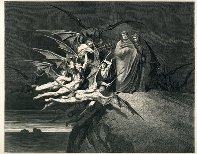 Dante og Vergil står over for dæmonerne. Stik fra Helvede af Dante Alighieri (Den guddommelige komedie) illustreret af Gustave Dore. Fransk udgave fra 1861. "... Nessun di voi sia fello! (Lad ingen af jer være oprørske!)" , sang 21, v. 72. af Gustave Dore